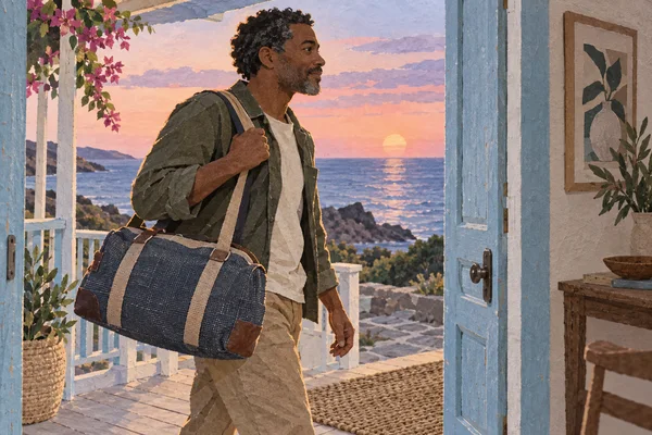 A man with short dark curls enters through a powder-blue doorway carrying a large woven duffel, with a porch, ocean, and low setting sun behind him.