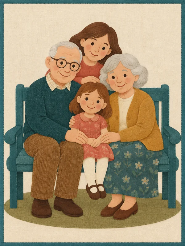 A silver-haired man and woman sit with a young girl on a teal garden bench while a brown-haired woman leans over the back of the bench.
