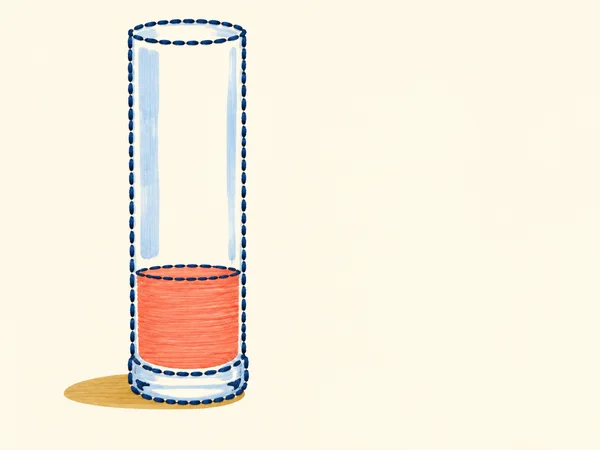 A very tall, narrow outlined highball glass stands left of centre on a warm cream background, with a shallow coral drink, pale-blue strokes suggesting…