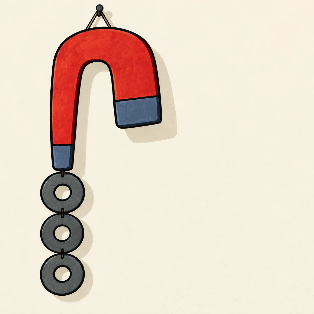 A large lopsided red horseshoe magnet with slate-blue tips hangs on an ivory wall, with three charcoal-grey washers suspended in a vertical chain from its…
