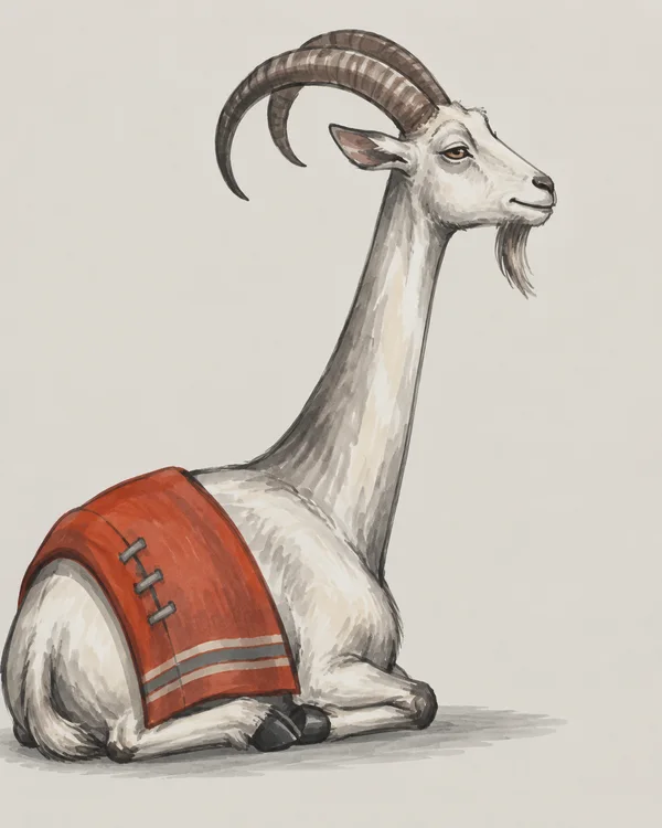 A white-gray goat reclines on a pale gray background, its very long neck rising to a right-facing head with large curling horns, a relaxed eye and a short…