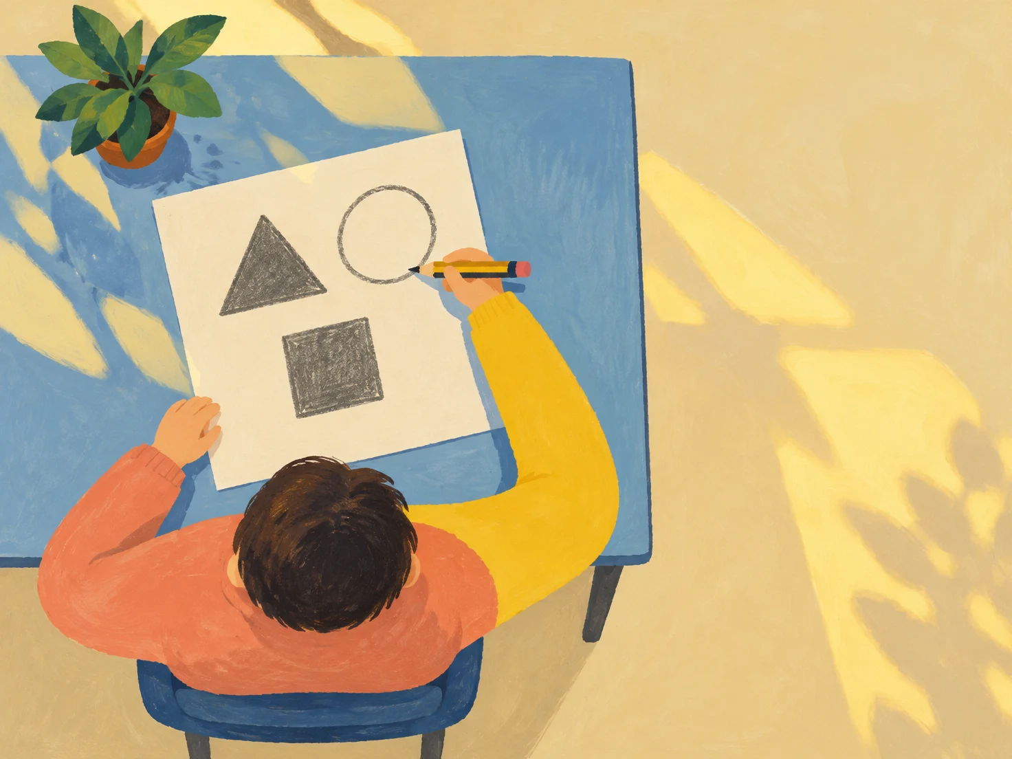 An overhead illustration of a dark-haired seated person in a coral top and long yellow sleeve drawing a triangle, circle and square on paper at a blue desk…