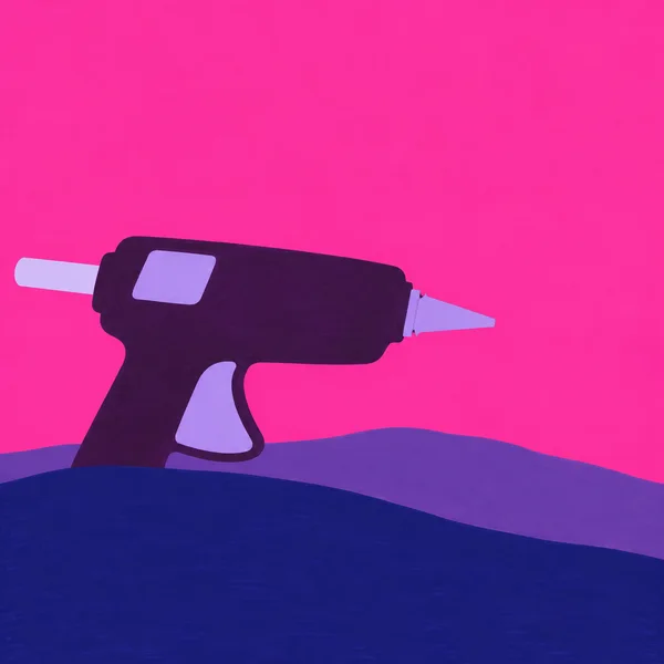 A dark-plum hot glue gun in side profile rests on layered indigo and violet hills against a bright pink sky.