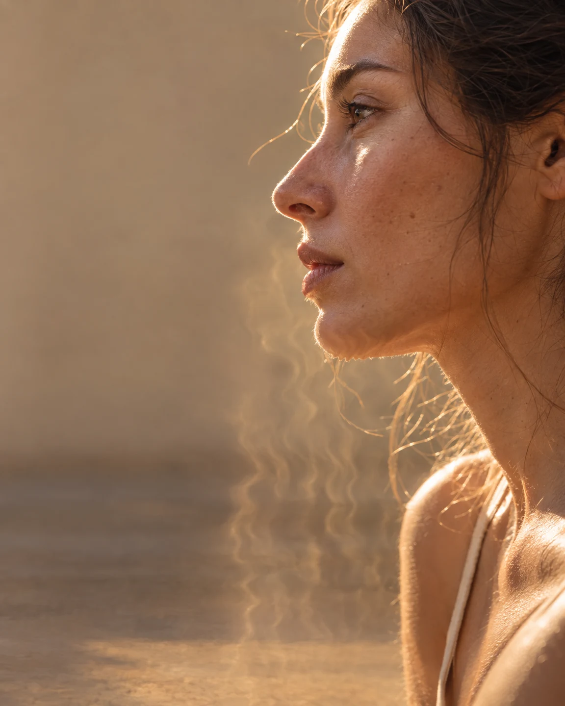 A tightly cropped side profile of a woman facing left, with warm light outlining loose hair against a plain sandy background; wavering distortion is visible…