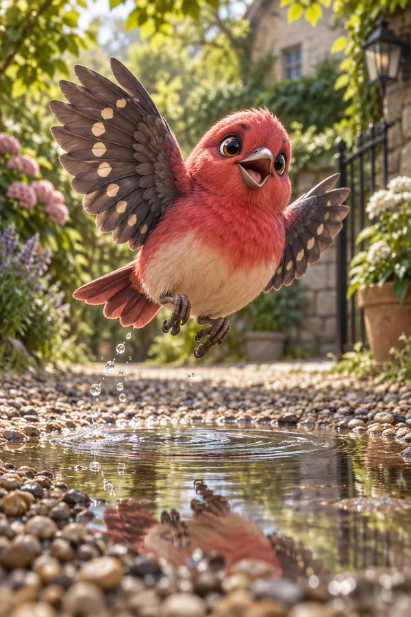 A fluffy raspberry-red bird with spotted charcoal wings leaps above a shallow puddle on gravel, with droplets falling beneath it and a leafy courtyard garden…