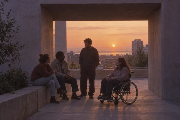 Four adults converse on a paved landing framed by a large concrete portal at sunset.