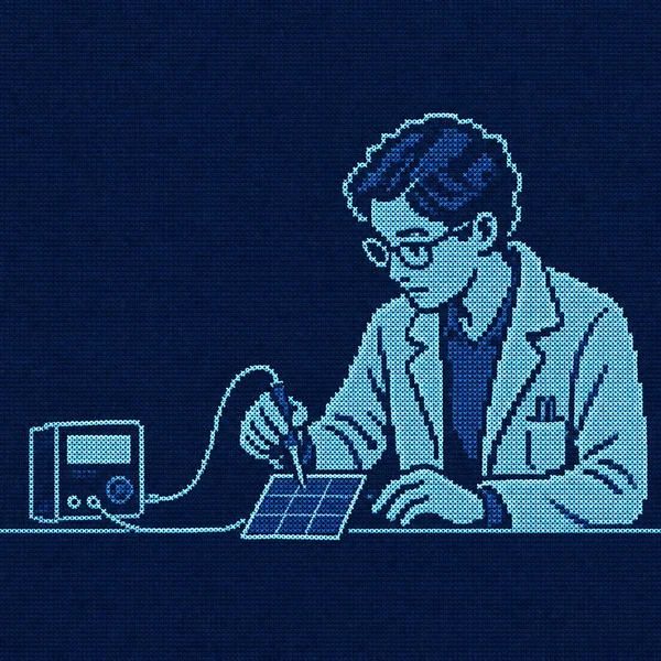 A stitched-line illustration shows an adult in a lab coat leaning over a small solar cell on a simple workbench, holding a probe beside it.