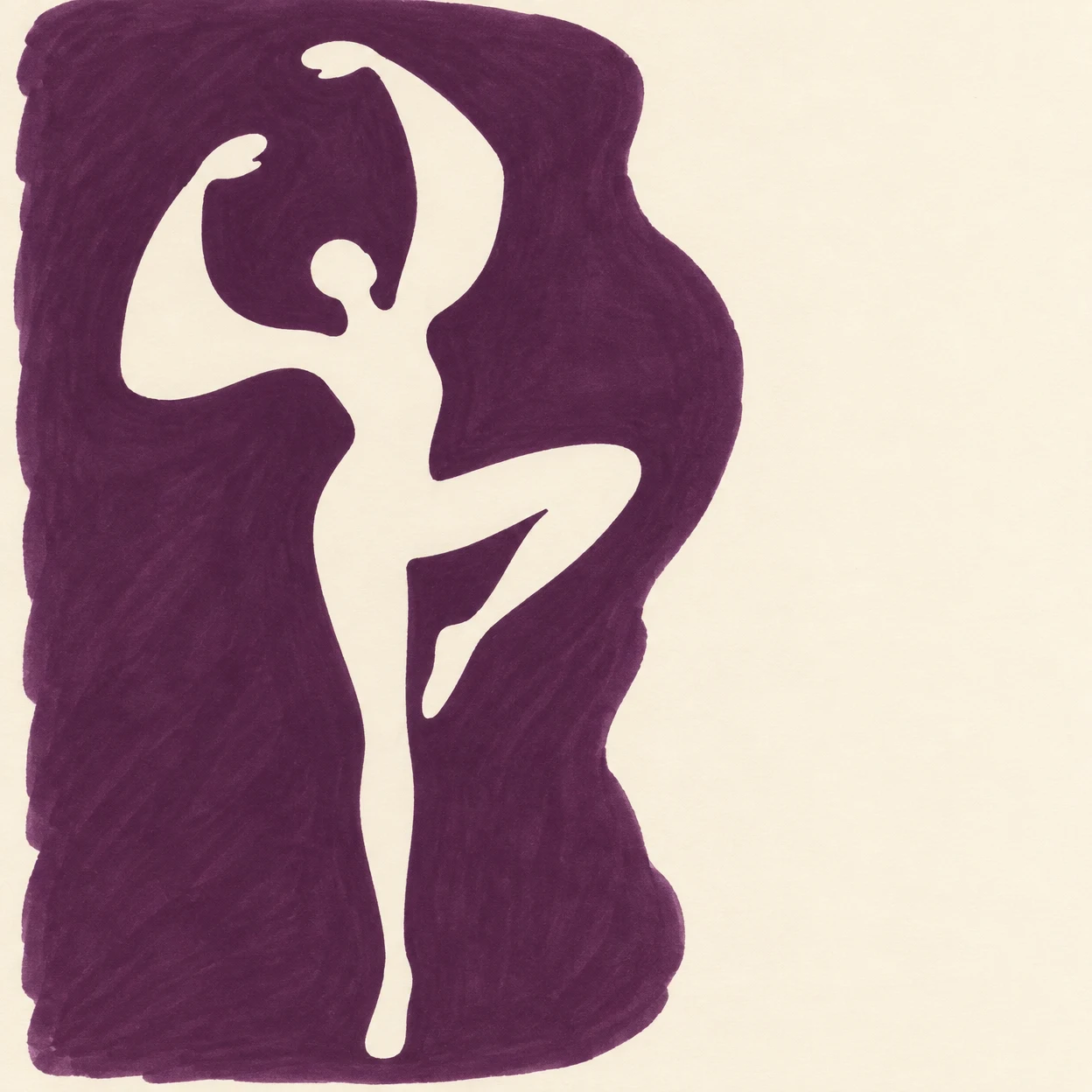An ivory, featureless dancer silhouette holds an asymmetrical overhead pose within a broad, irregular deep-plum marker shape on warm ivory paper, with open…