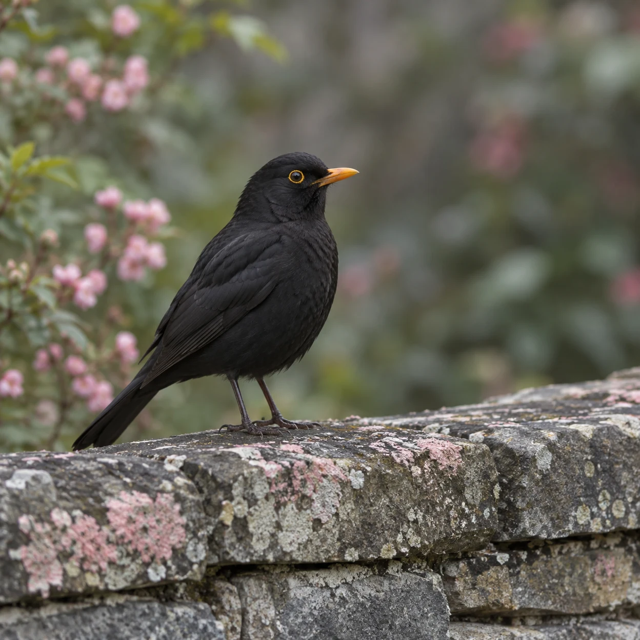 A glossy black male blackbird with an orange-yellow bill and eye ring perches on a lichen-speckled grey stone wall, facing right against a softly blurred…