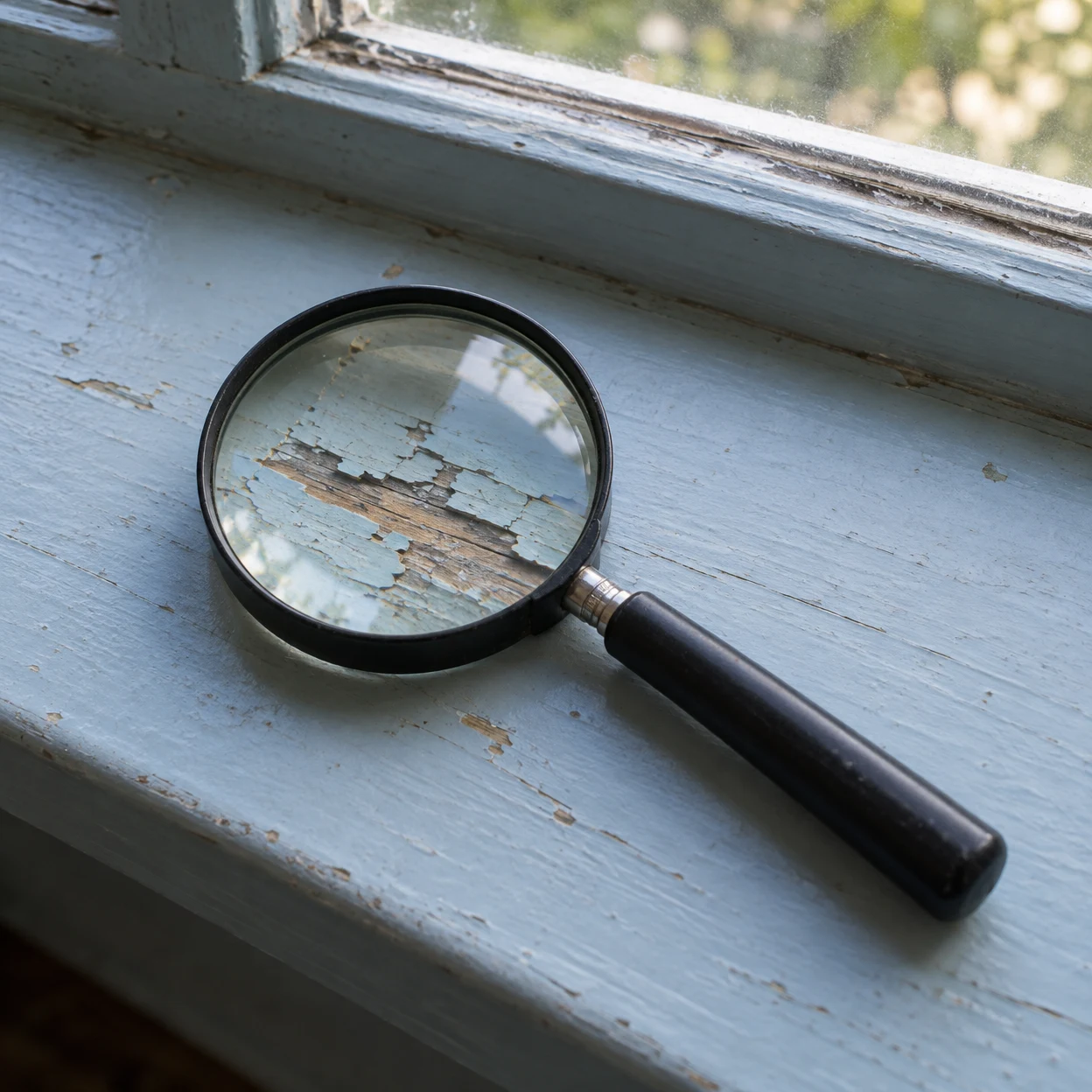 A black-handled magnifying glass rests diagonally on a pale blue painted windowsill, enlarging a patch of peeling paint and exposed wood beneath its lens.