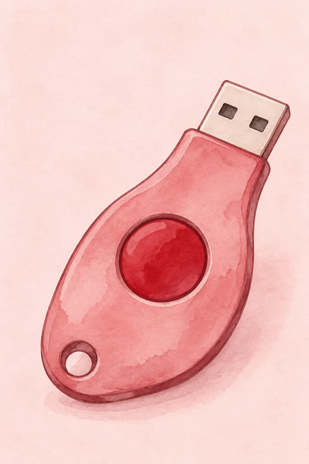 A hand-painted rose-colored USB security key lies diagonally on a pale blush background, with a large crimson circular button, two dark connector recesses and…