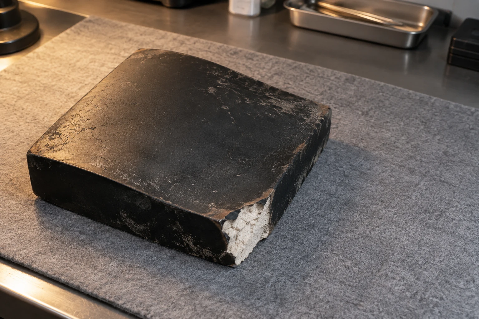 A weathered black ceramic-coated square tile with a chipped corner exposing a white porous interior rests on a gray felt mat, lit warmly on a workbench with…