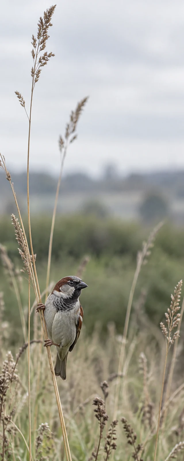 A male house sparrow clings to a slender grass stalk in a meadow, facing right among tall seed heads, with a soft-focus hedge and pale overcast sky behind it.
