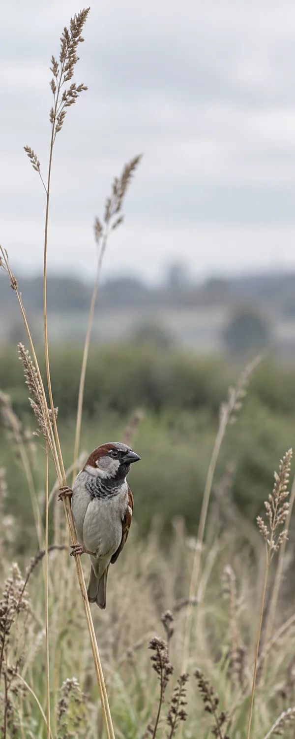 A male house sparrow clings to a slender grass stalk in a meadow, facing right among tall seed heads, with a soft-focus hedge and pale overcast sky behind it.