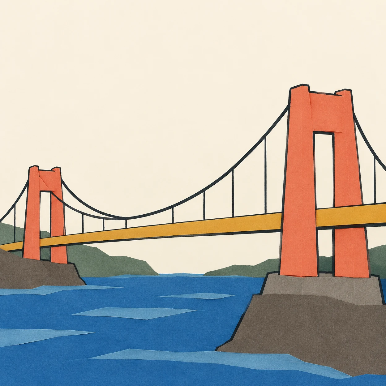 A stylized cut-paper suspension bridge with coral towers and an ochre deck spans a blue river between chunky rocky banks, against a warm ivory sky.