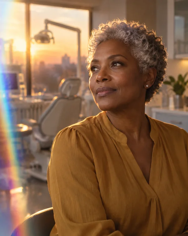 A woman with deep brown skin and short silver curls wears an ochre blouse in a dental practice, looking toward the left in warm sunset light; a dental chair is…