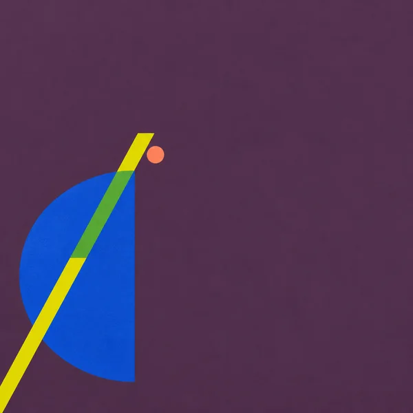 A large cobalt-blue vertical half-disc sits in the lower-left of a plum square, crossed by a broad diagonal yellow stripe with a green overlap and a small…