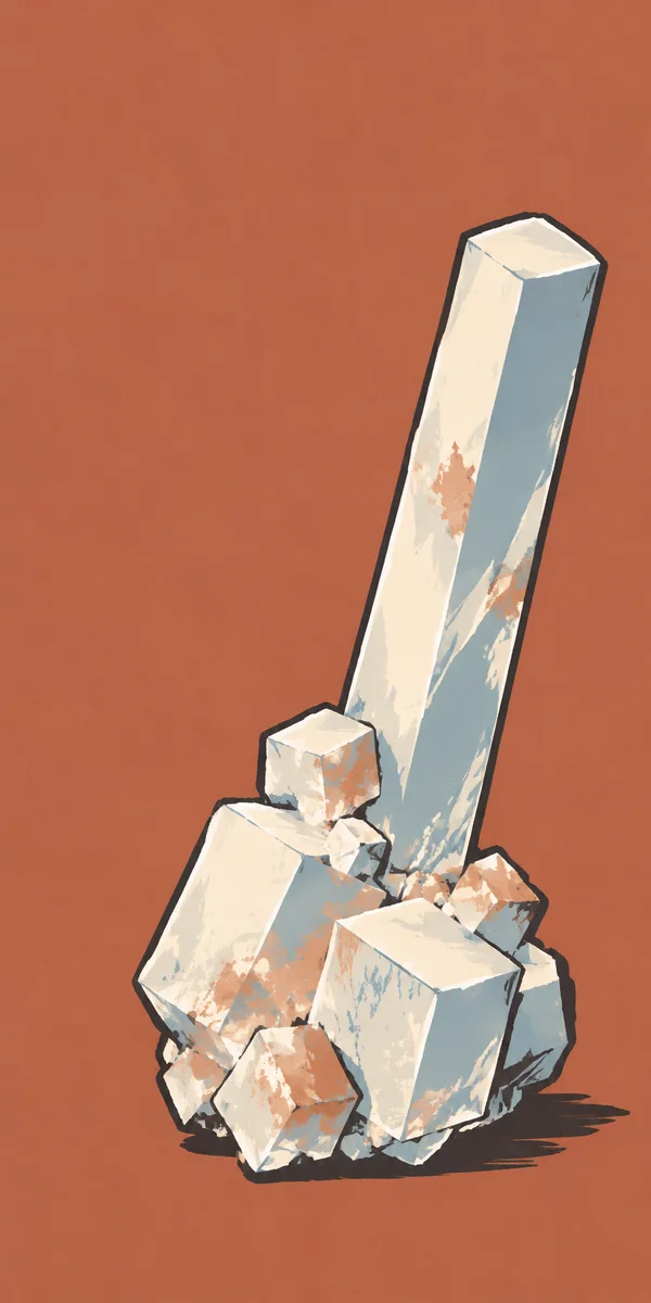An ivory and pale blue rock-salt cluster with a very tall rectangular crystal rising from interlocking cubic chunks, set against a muted terracotta background…