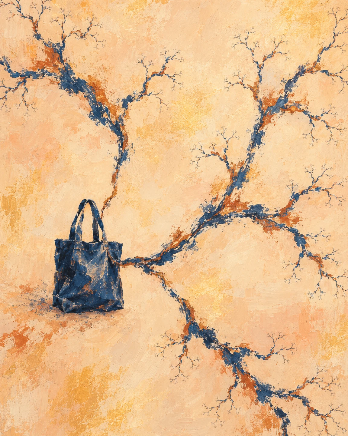 A dark indigo cloth tote sits left of center on a textured apricot ground, with indigo and muted rust branching strokes spreading from its side across the…