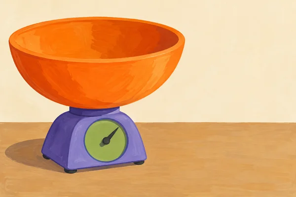 A large orange hollow bowl sits on a broad violet mechanical kitchen scale with a green circular dial and dark diagonal needle, on a tabletop against a warm…