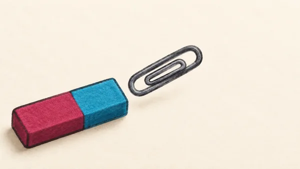 A diagonally placed magenta-and-cyan felt bar magnet and an oversized steel-gray paperclip hover on a warm ivory background, with broad empty space above and…