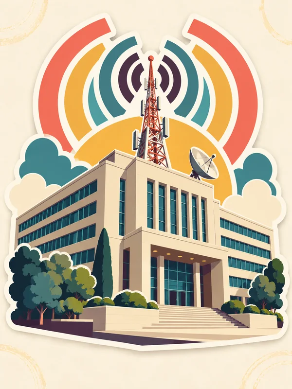 A cream-colored civic building with teal window bands, a recessed columned entrance, rooftop antenna mast and satellite dish, framed by coral, ochre, teal and…