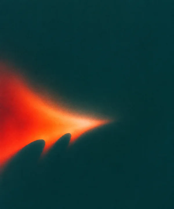 A red-orange luminous wedge stretches from the left edge toward the center across a deep teal field, with two prominent teal notches along its lower edge and…