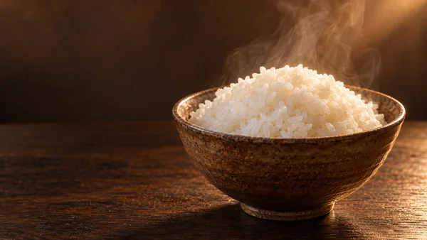 A full brown ceramic bowl of steamed white rice sits right of center on a dark wooden tabletop, with curling steam lit against a warm, shadowed background and…