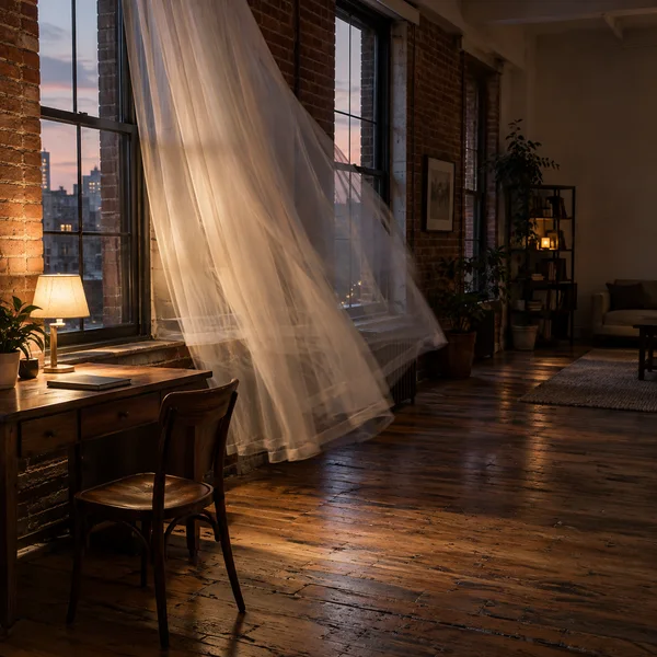A long sheer curtain billows across tall industrial windows in a brick loft at dusk.