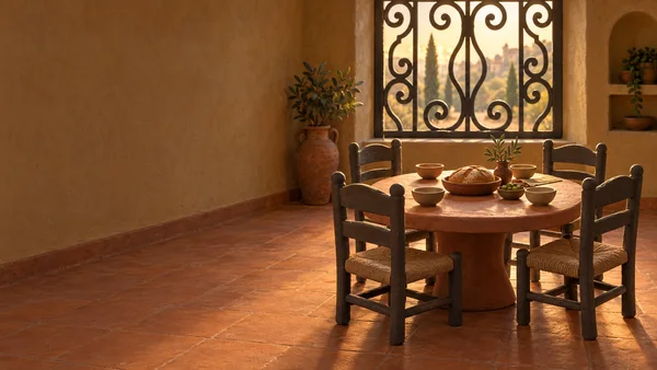 A warm, clay-like miniature dining room with a round terracotta table set with bowls, bread and a small dish of fruit, surrounded by four chairs.