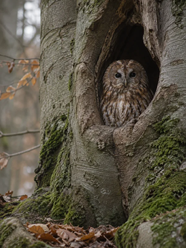 A tawny owl with a rounded facial disc and dark eyes looks toward the camera from a deep hollow in a moss-covered tree trunk, with copper leaves at the base…
