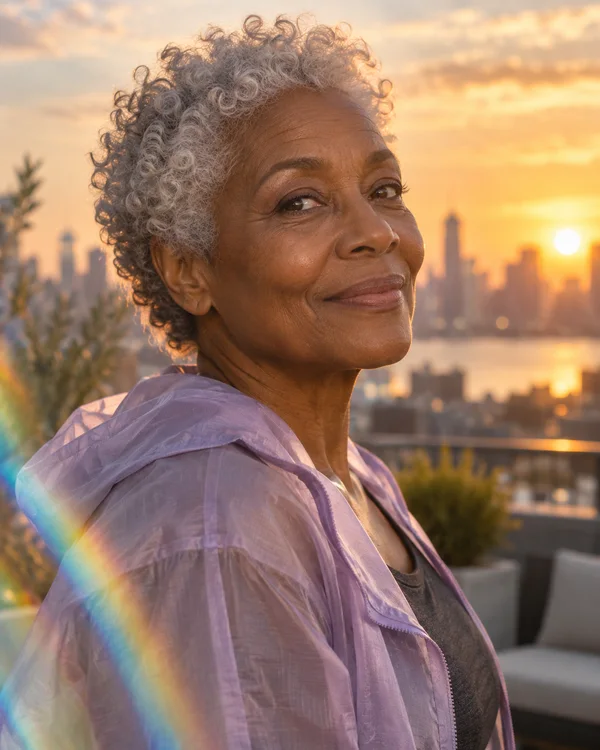 A silver-curled older woman in a translucent lilac jacket poses on a rooftop terrace at sunset, with a softly blurred skyline behind her and a diagonal rainbow…