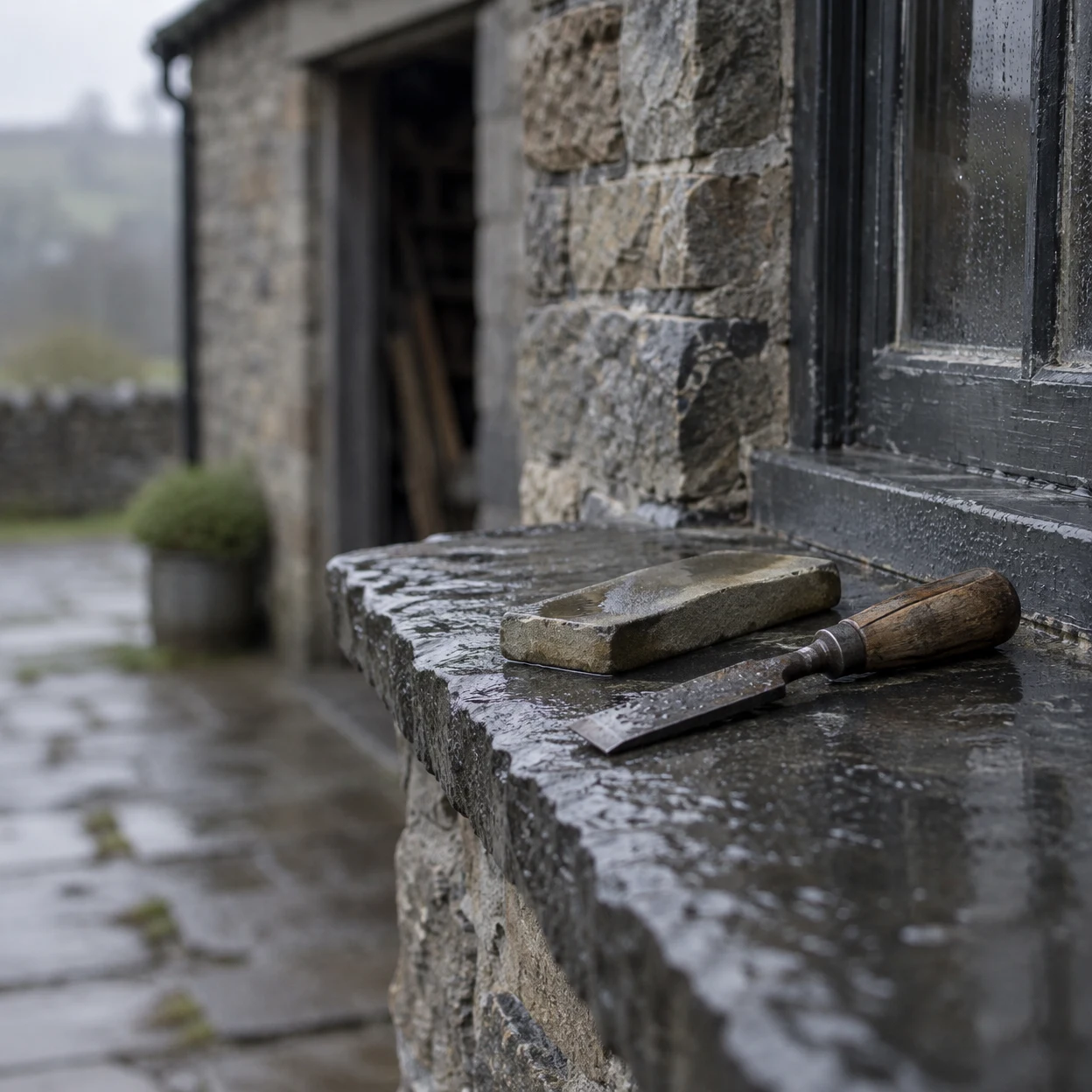 A steel chisel with a worn brown wooden handle and a pale whetstone rest on a rain-wet slate ledge beside a weathered stone wall and dark window; a stone…