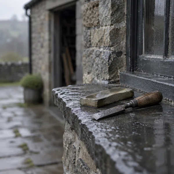 A steel chisel with a worn brown wooden handle and a pale whetstone rest on a rain-wet slate ledge beside a weathered stone wall and dark window; a stone…