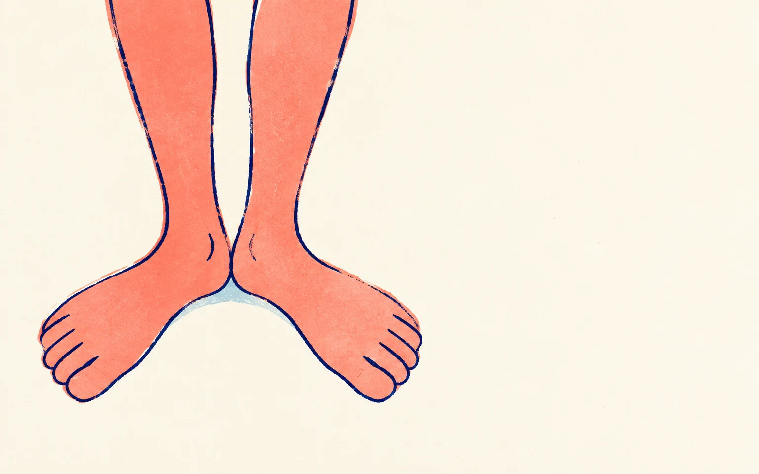 A hand-drawn overhead illustration of coral-colored bare feet in a ballet first position, outlined in dark indigo on warm cream paper, with a pale-blue shadow…