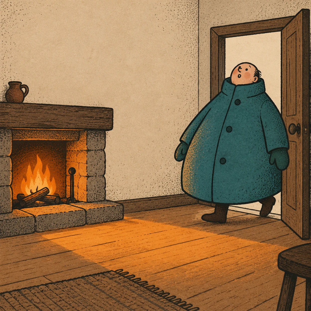 A small, round-headed figure in an oversized teal coat steps through an open wooden door into a room with a lit stone fireplace.