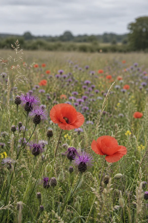 A low-view view across a summer meadow, with purple knapweed and two coral-red poppies in the foreground, fine grass seedheads, and softly blurred blooms…