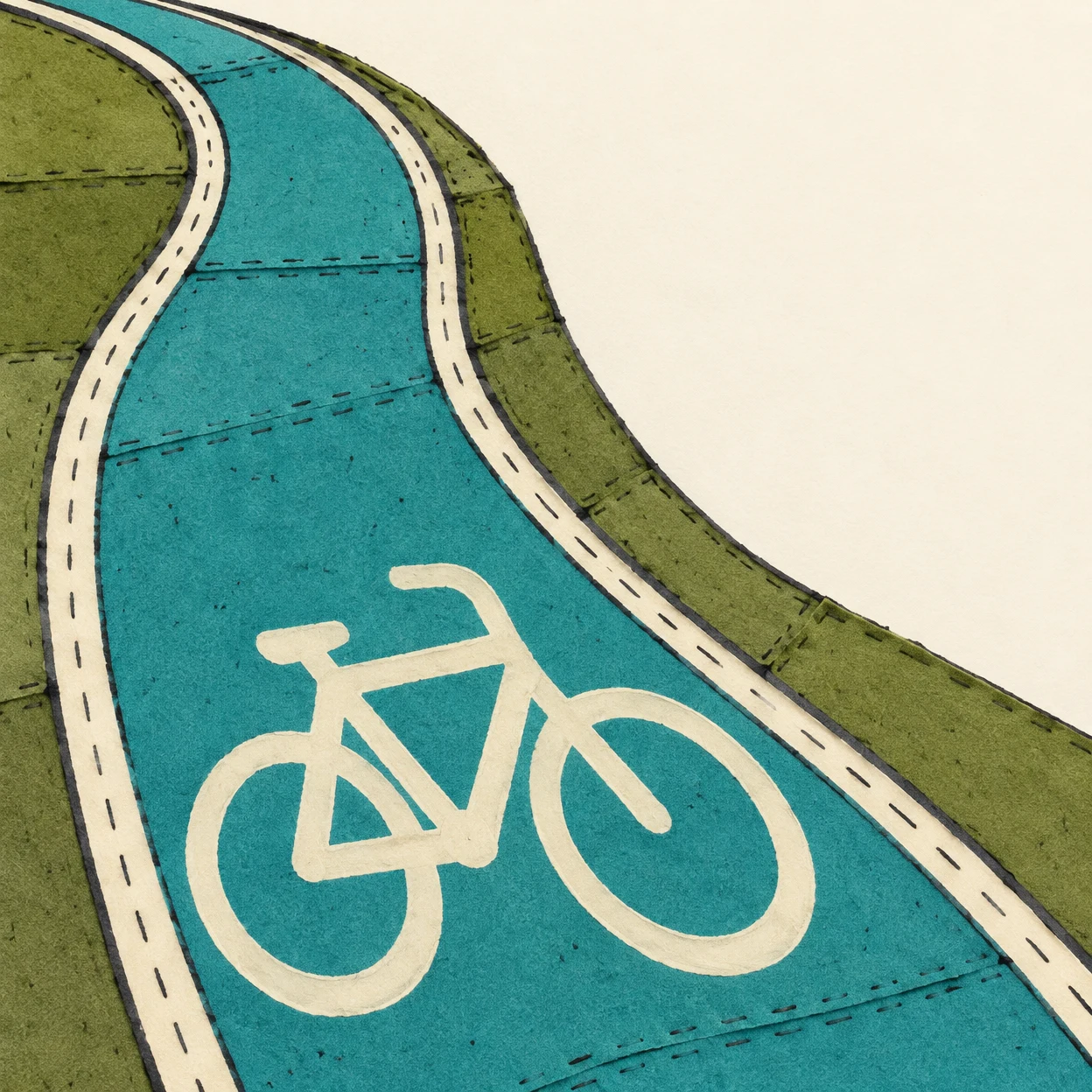 A broad turquoise cycle lane curves across an olive patchwork surface, bordered by cream strips and marked with a large cream bicycle symbol; the upper-right…