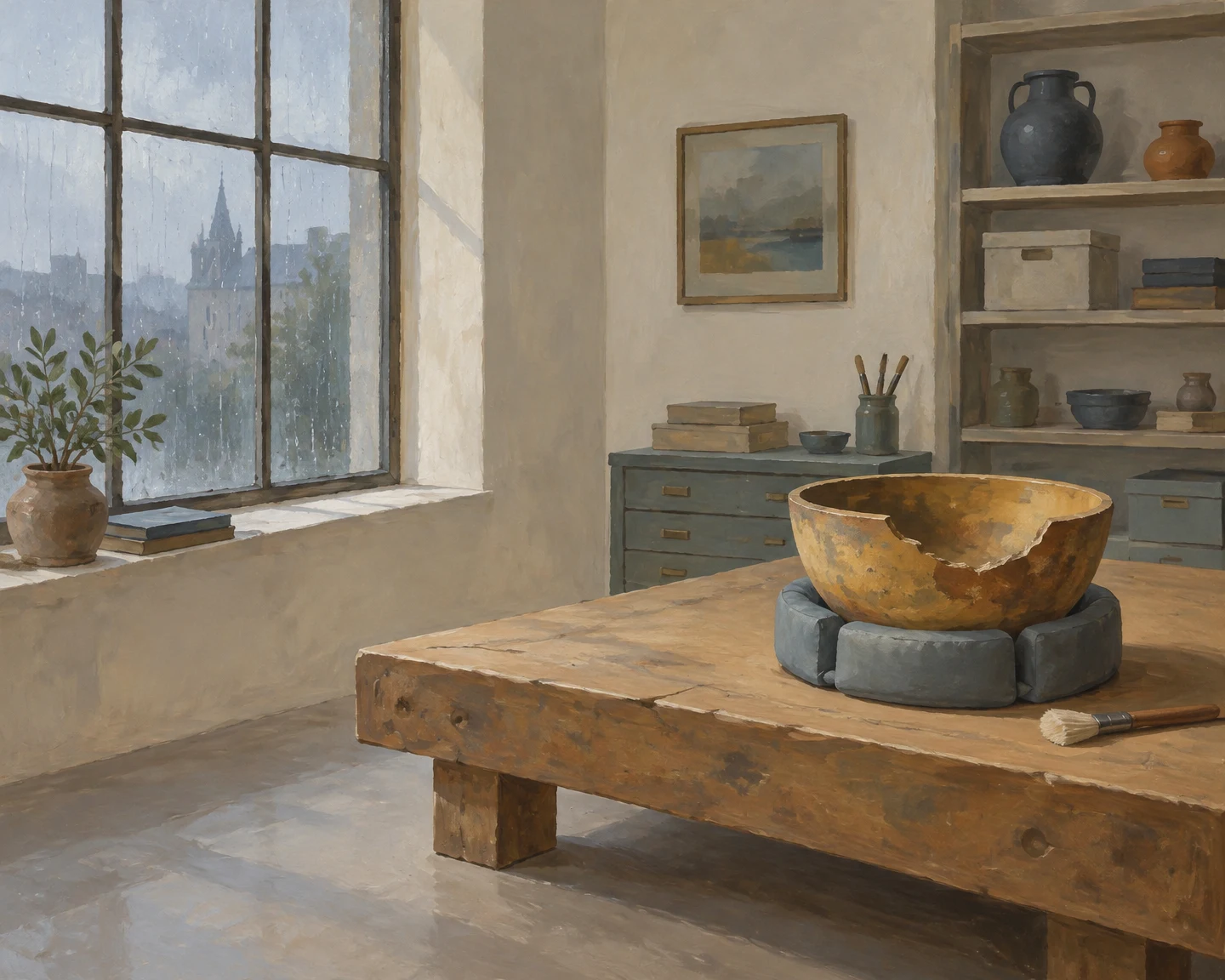 A large ochre bowl with a broken rim rests in a padded blue-gray cradle on a wooden workbench in a rainy-day conservation workshop.