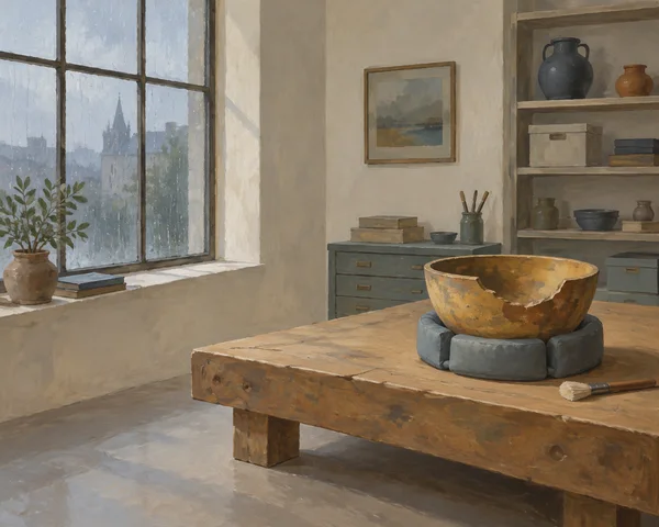 A large ochre bowl with a broken rim rests in a padded blue-gray cradle on a wooden workbench in a rainy-day conservation workshop.