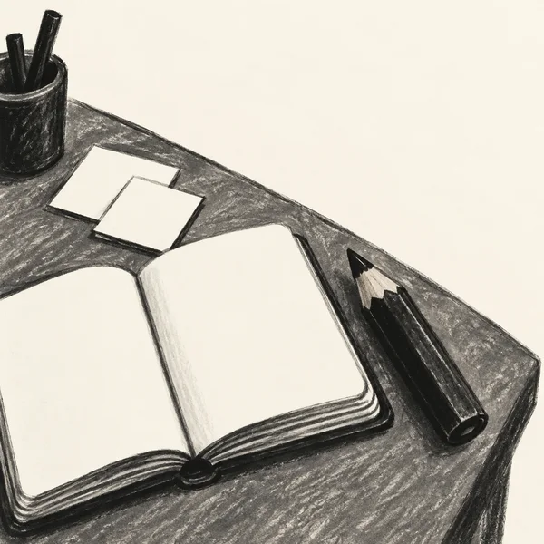 A charcoal-style overhead illustration shows an open blank notebook and a thick dark pencil on a diagonally cropped desktop, with two overlapping paper…