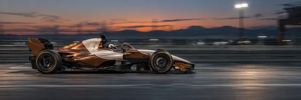 A copper-and-ivory single-seat racing car speeds along a straight at dusk, with a helmeted driver in the cockpit, blurred track barriers, and open space ahead…