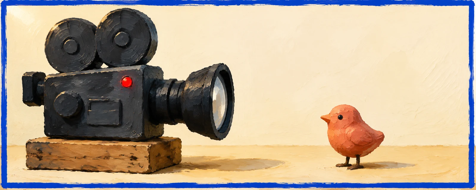 A charcoal movie camera with two large reels and a glowing red recording light sits on a wooden block, its lens aimed toward a small coral-colored clay bird on…