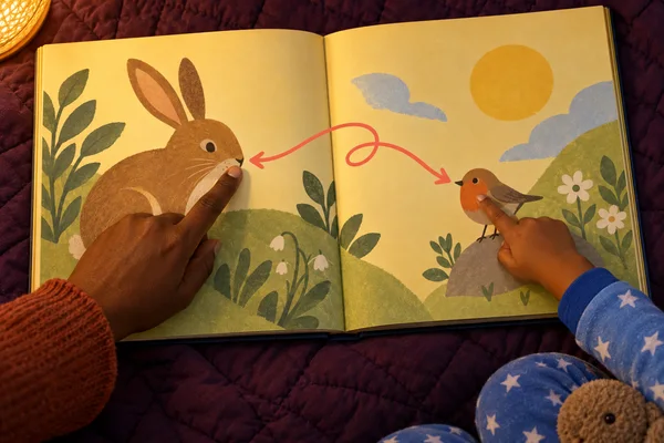 An adult and child point to a rabbit and a bird in an open picture book on a dark quilt, with a coral looping arrow across the pages and a warm lamp partly…