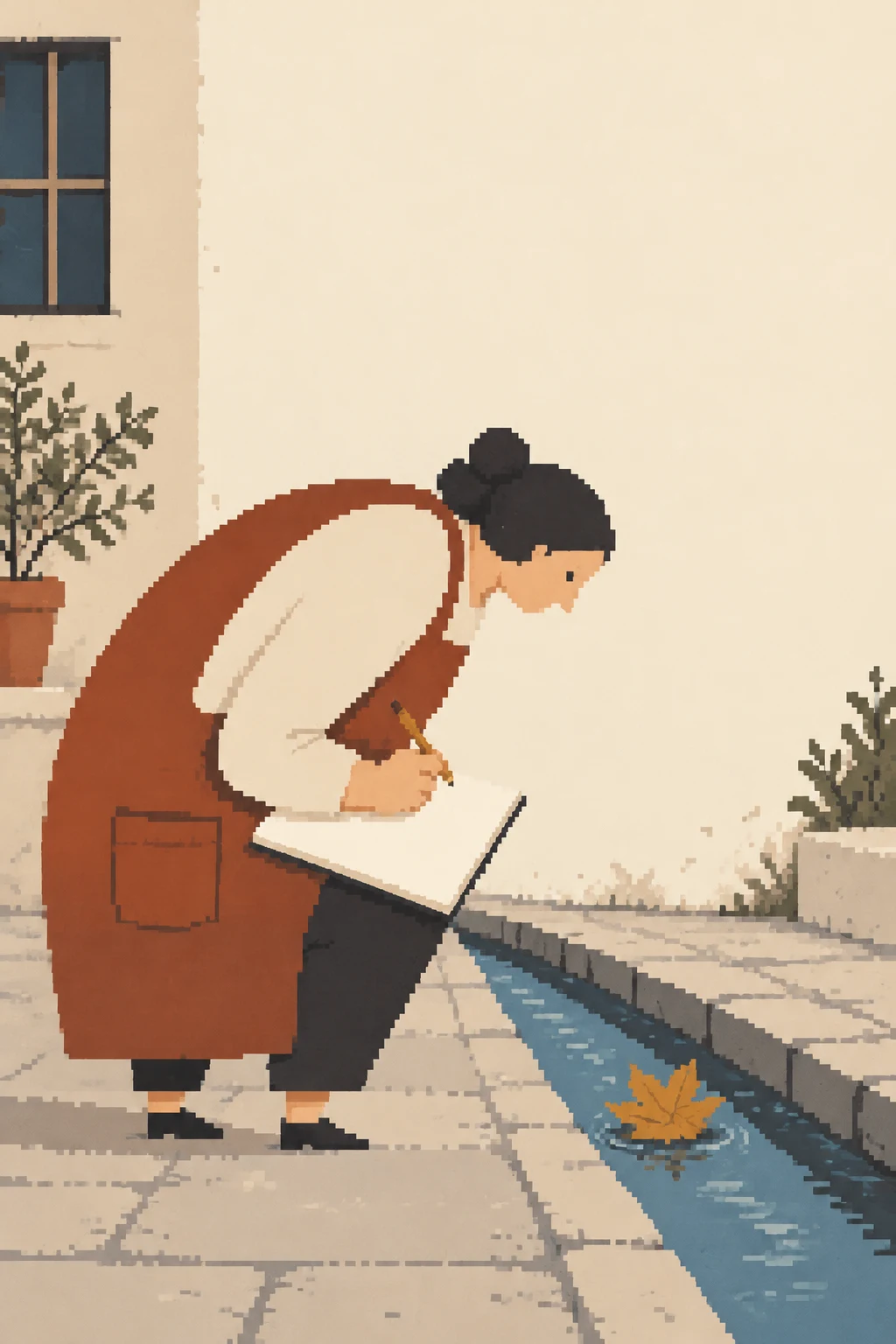 A person in a rust apron bends over an open notebook beside a narrow blue courtyard water channel, studying an ochre leaf floating in the water.
