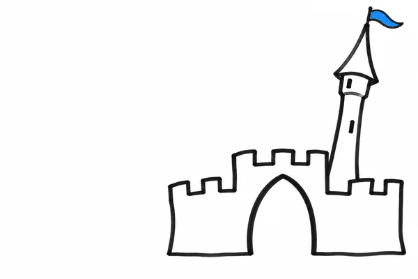 A hand-drawn black-marker castle sits on the right side of white paper, with a low crenellated wall, a large empty arched gateway and a tall narrow turret…