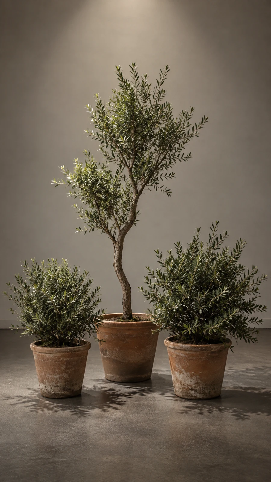 Three leafy shrubs in weathered terracotta pots stand against a warm-gray wall on a dark concrete floor.