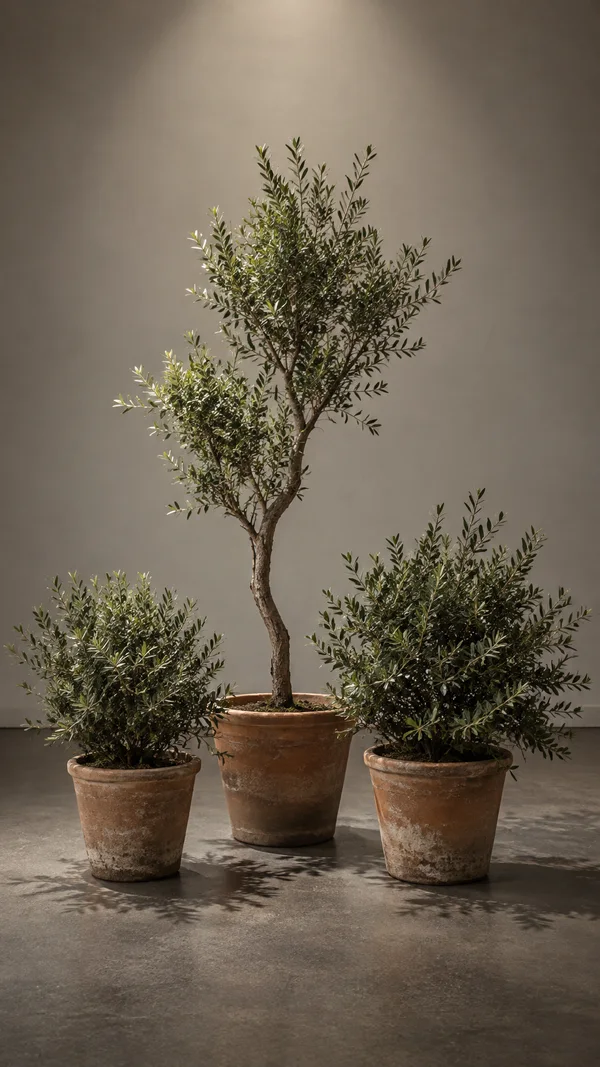 Three leafy shrubs in weathered terracotta pots stand against a warm-gray wall on a dark concrete floor.