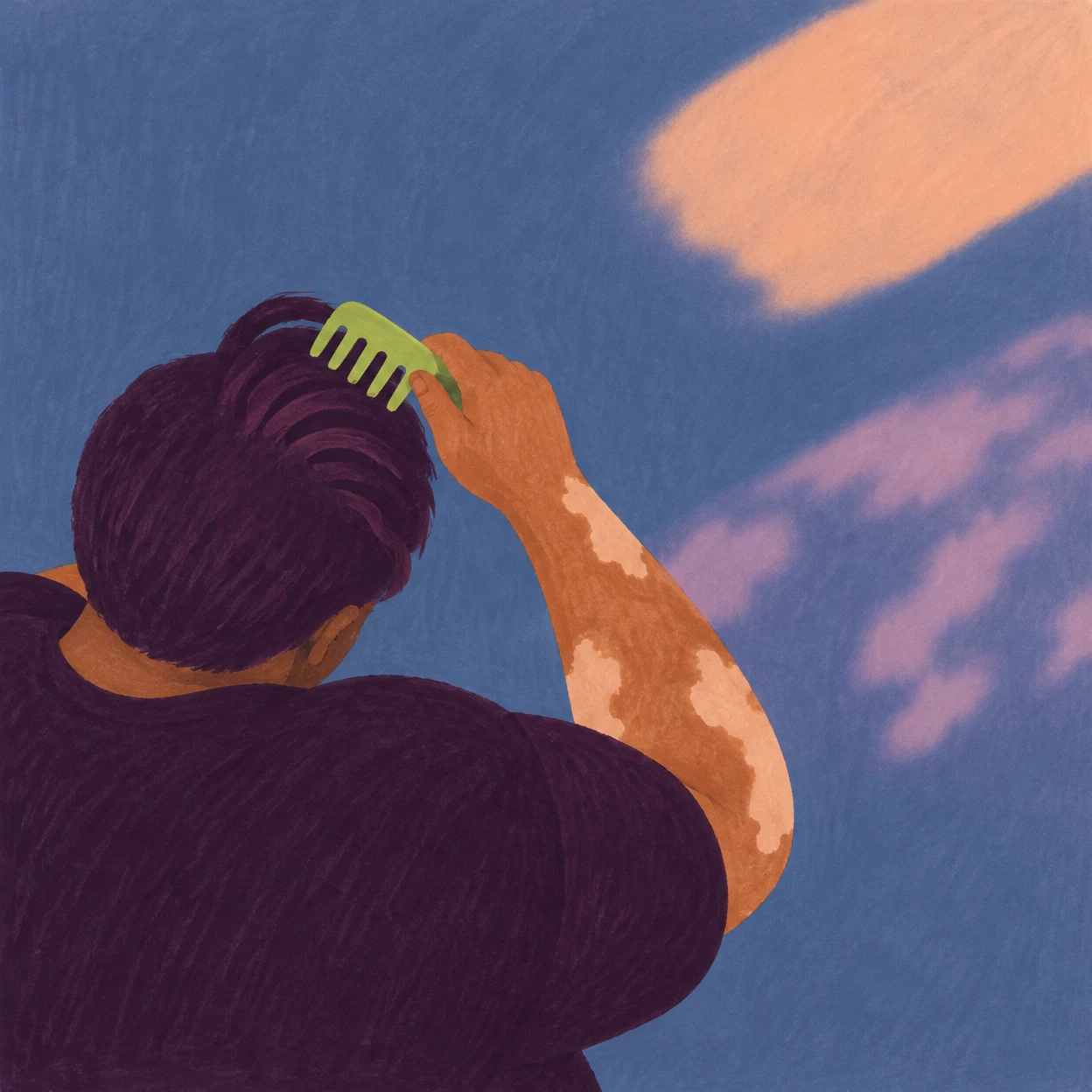 A person seen from above and behind combs thick aubergine hair with a lime-green comb.