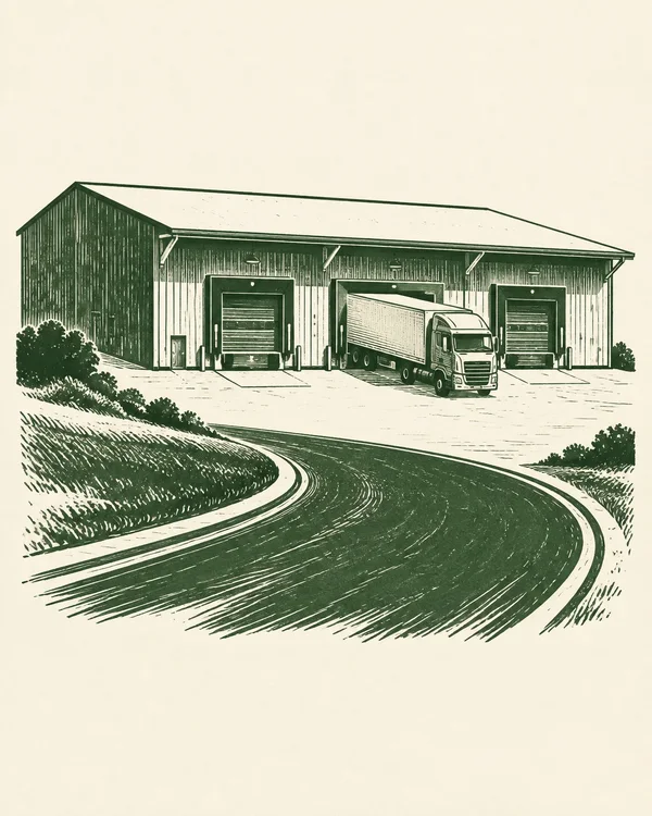 A moss-green woodcut-style illustration of a warehouse with three loading bays, viewed from a slightly elevated angle.